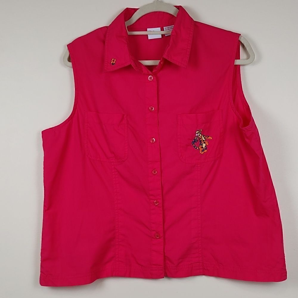 Disney Tigger Embroidered Sleeveless Button Front Blouse Top Size XL